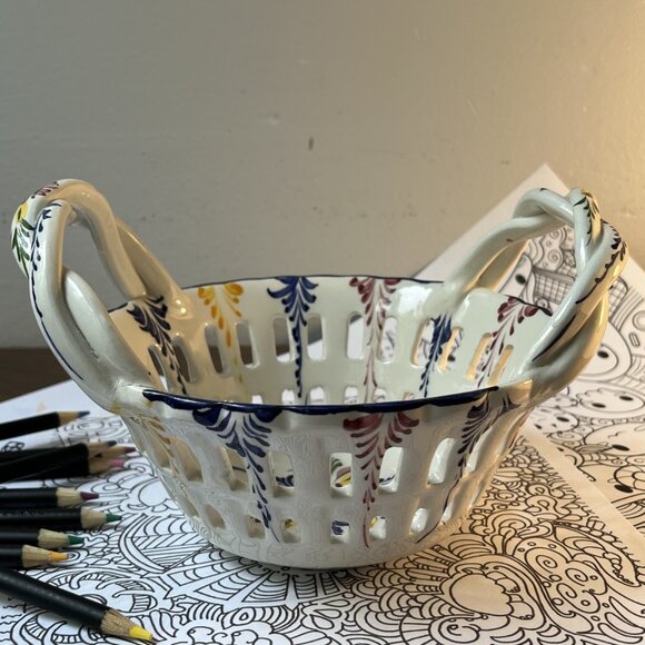 Porcelain Basket Reticulated Bowl Hand Painted RCCL Made in Portugal 903-P - Picture 3 of 14
